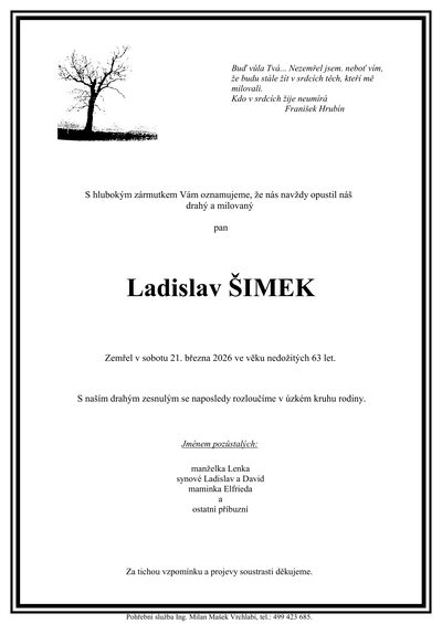 Smuteční oznámení – Ladislav Šimek