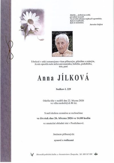 Smuteční oznámení – Anna Jílková