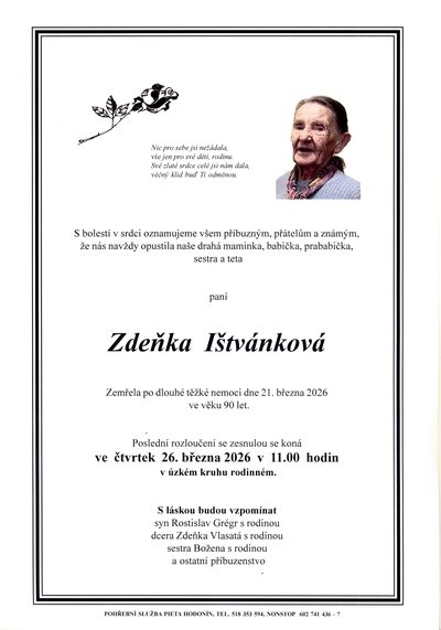 Smuteční oznámení – Zdenka Istvankova