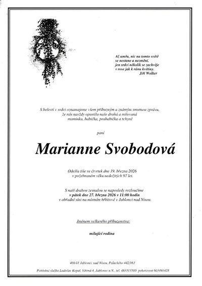 Smuteční oznámení – Marianne Svobodová