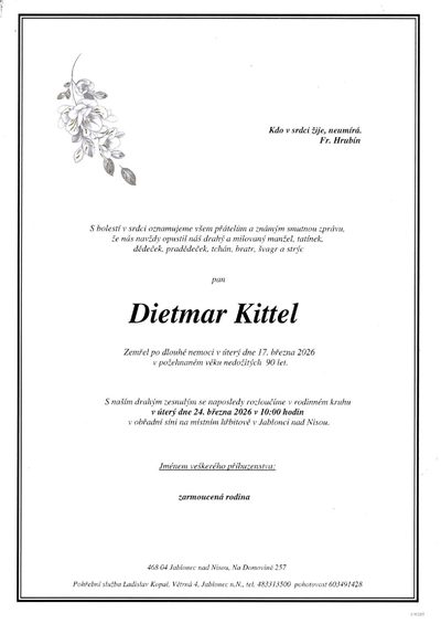 Smuteční oznámení – Dietmar Kittel