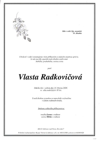Smuteční oznámení – Vlasta Radkovičová
