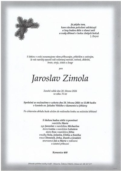 Smuteční oznámení – Jaroslav Zimola