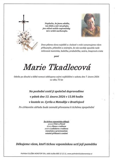 Smuteční oznámení – Marie Tkadlecová