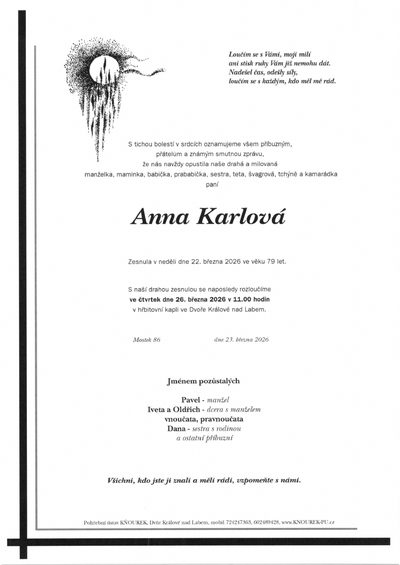 Smuteční oznámení – Anna Karlová