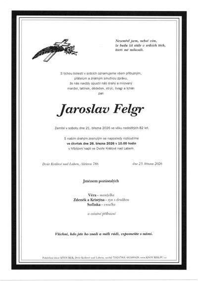 Smuteční oznámení – Jaroslav Felgr