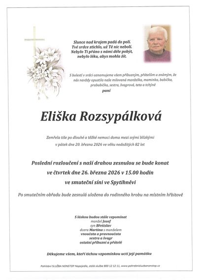 Smuteční oznámení – Eliška Rozsypálková