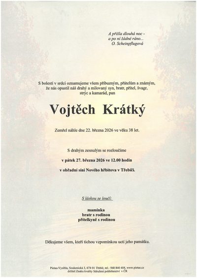 Smuteční oznámení – Vojtěch Krátký