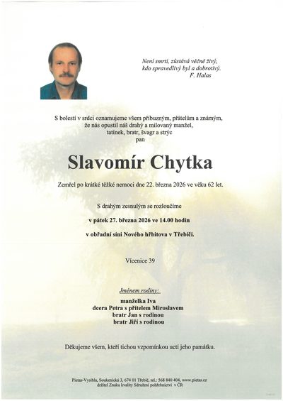 Smuteční oznámení – Slavomír Chytka