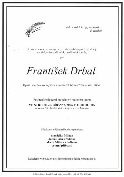Smuteční oznámení – František Drbal