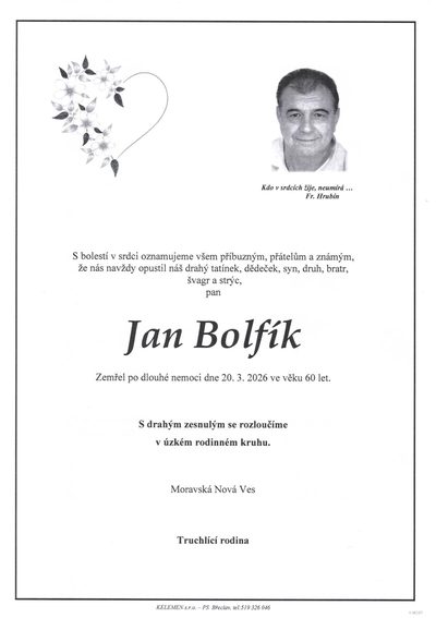 Smuteční oznámení – Jan Bolfík