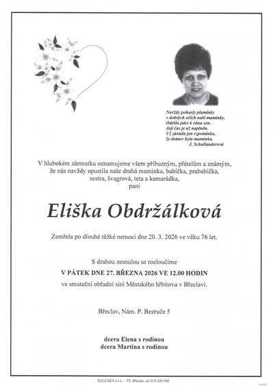 Smuteční oznámení – Eliška Obdržálková