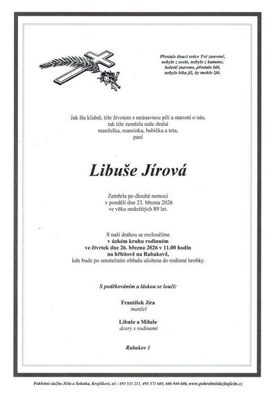 Smuteční oznámení – Libuše Jírová