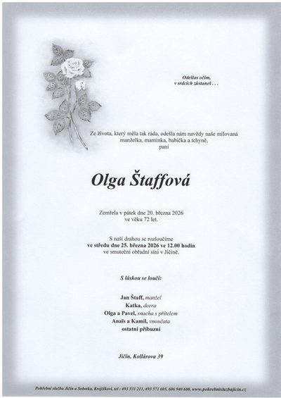Smuteční oznámení – Olga Štaffová