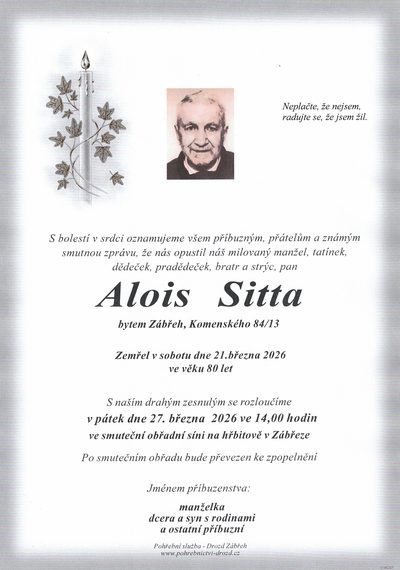 Smuteční oznámení – Alois Sitta