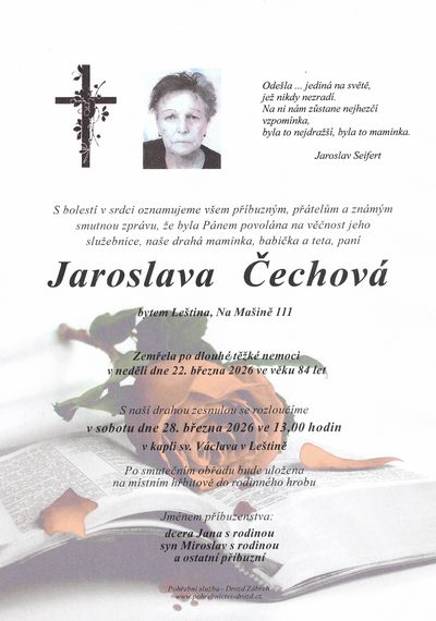 Smuteční oznámení – Jaroslava Cechová