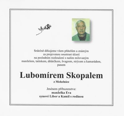 Smuteční oznámení – Poděkování Lubomír Skopal