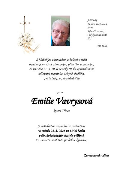 Smuteční oznámení – Emilie Vavrysová
