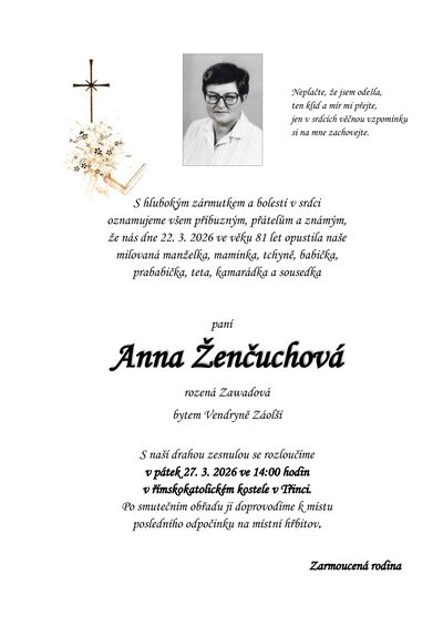 Smuteční oznámení – Anna Zenčuchová