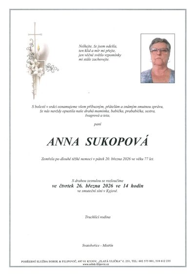 Smuteční oznámení – Anna Sukopová