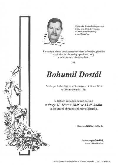 Smuteční oznámení – Bohumil Dostál