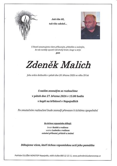 Smuteční oznámení – Zdeněk Malich