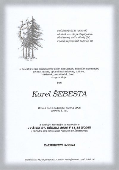 Smuteční oznámení – Karel Šebesta