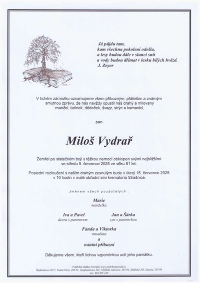 Smuteční oznámení – Miloš Vydrař