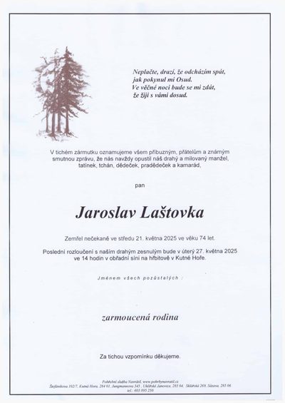 Smuteční oznámení – Jaroslav Laštovka
