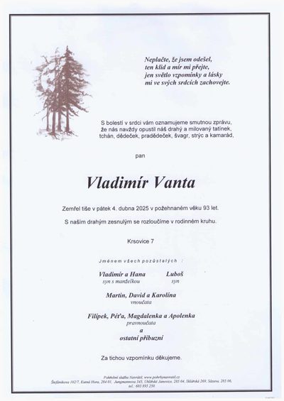 Smuteční oznámení – Vladimír Vanta