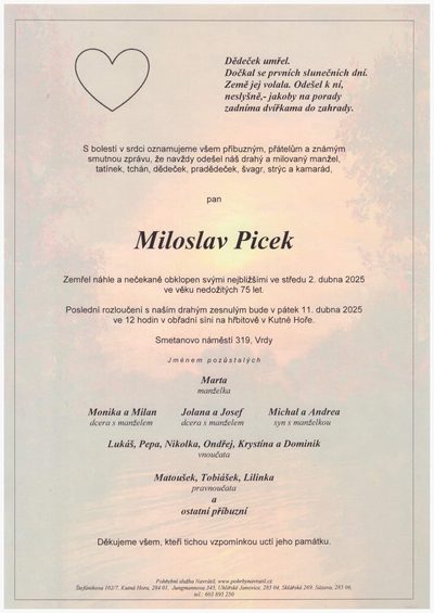 Smuteční oznámení – Miloslav Picek