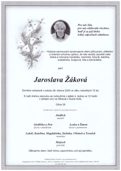 Smuteční oznámení – Jaroslava Záková