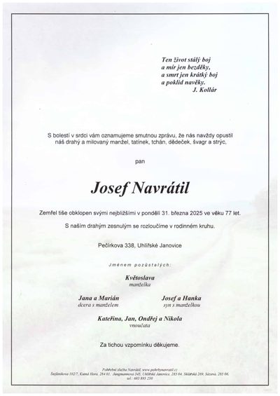 Smuteční oznámení – Josef Navrátil