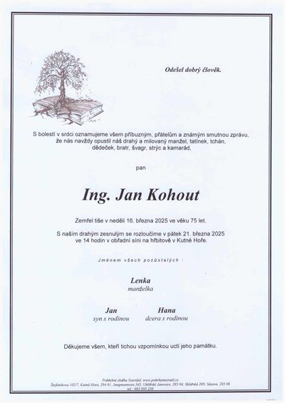 Smuteční oznámení – Jan Kohout