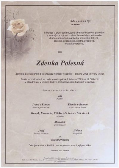 Smuteční oznámení – Zdenka Polesná