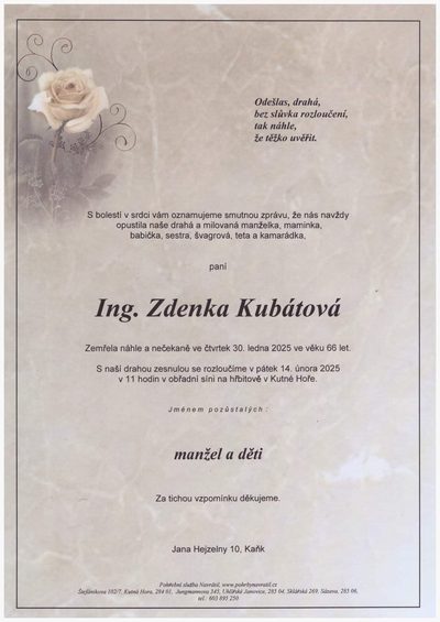 Smuteční oznámení – Zdenka Kubátová