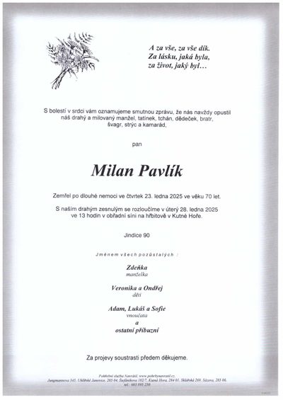 Smuteční oznámení – Milan Pavlík