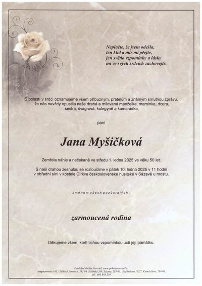 Smuteční oznámení – Jana Myšičková