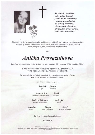 Smuteční oznámení – Anička Provazníková