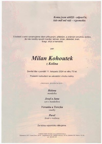 Smuteční oznámení – Milan Kohoutek