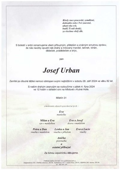Smuteční oznámení – Josef Urban