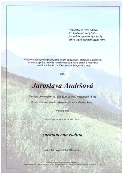 Smuteční oznámení – Jaroslava Andršová