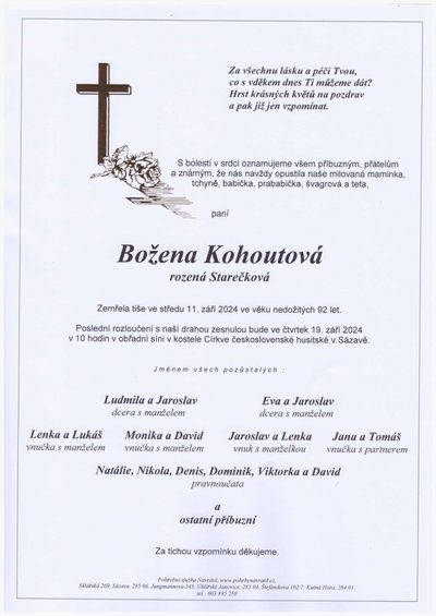 Smuteční oznámení – Božena Kohoutová