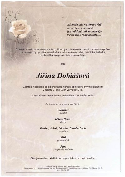Smuteční oznámení – Jiřina Dobiášová