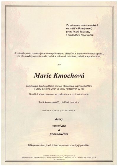 Smuteční oznámení – Marie Kmochová
