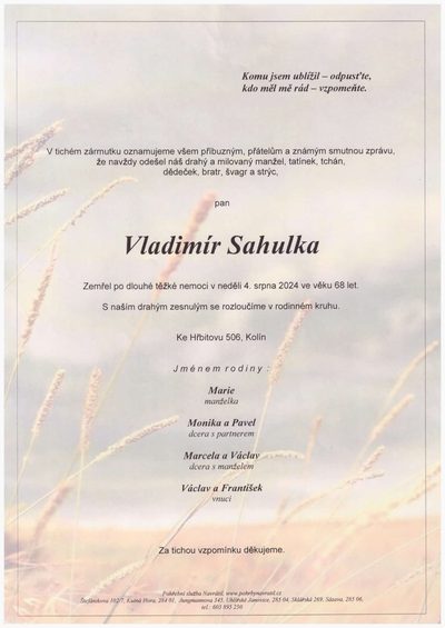 Smuteční oznámení – Vladimír Sahulka