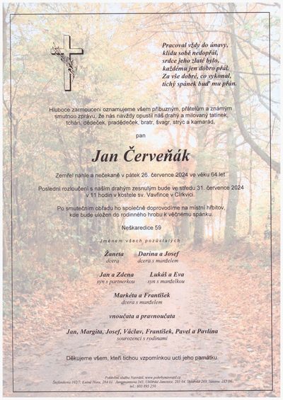 Smuteční oznámení – Jan Cerveňák