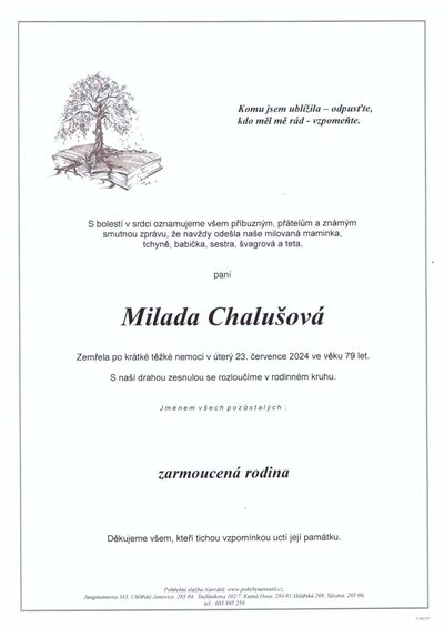 Smuteční oznámení – Milada Chalušová