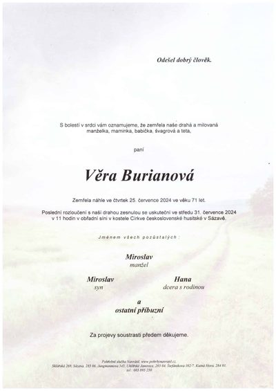Smuteční oznámení – Věra Burianová