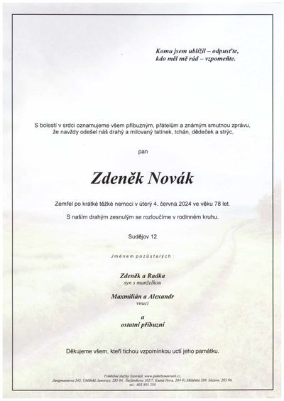 Smuteční oznámení – Zdeněk Novák